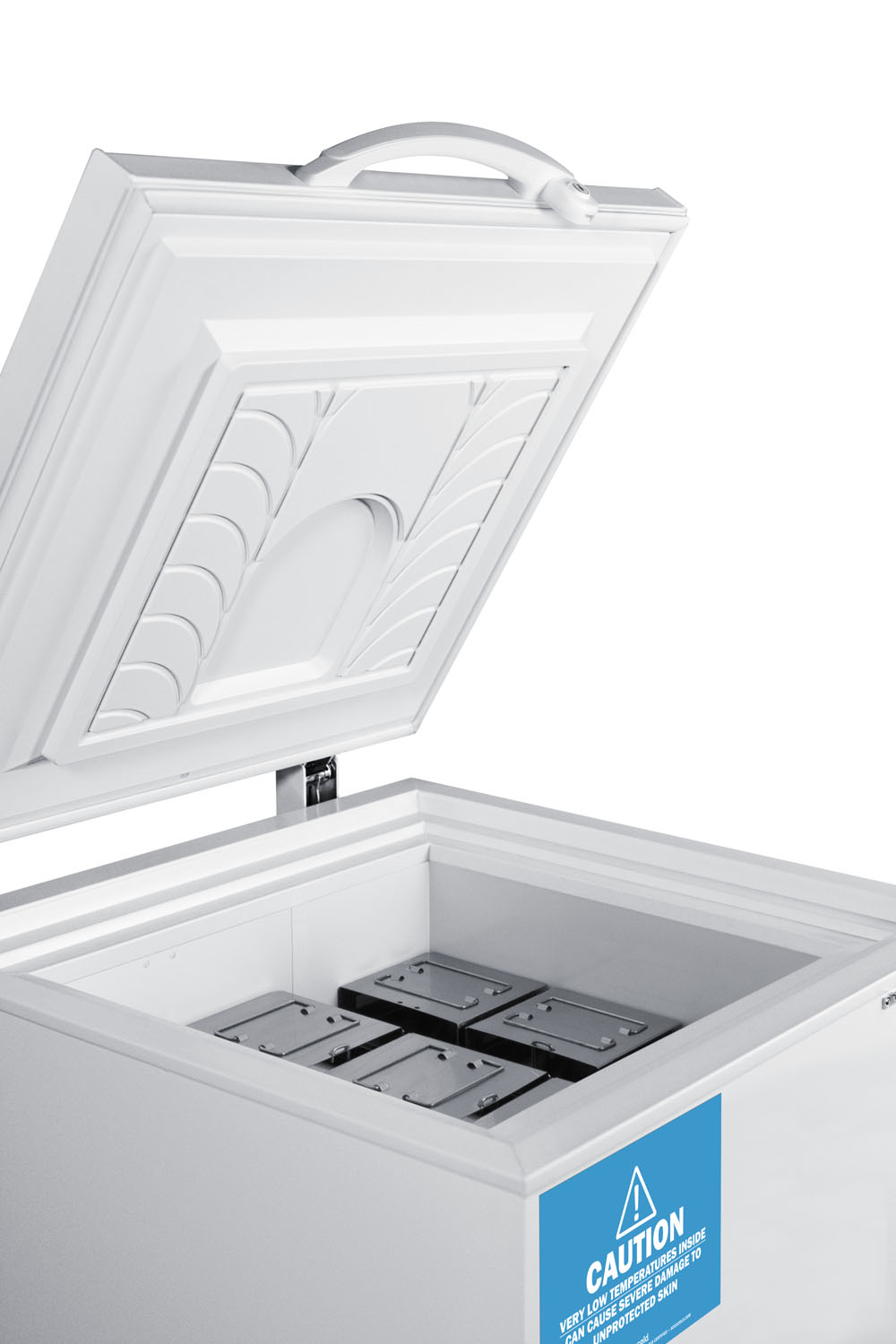 -86 C capable ultra low chest freezer for laboratory and life science storage, with 9 vertical stainless steel box racks included